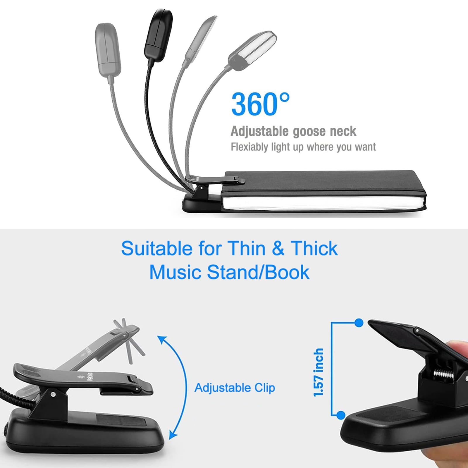 Vekkia 14 LED Rechargeable Book Light for Reading at Night, Eye-Care Reading Light for Books in Bed, 180° Adjustable, Clip on Lamp, 3 Color Temperatures, Lightweight, Present for Reader