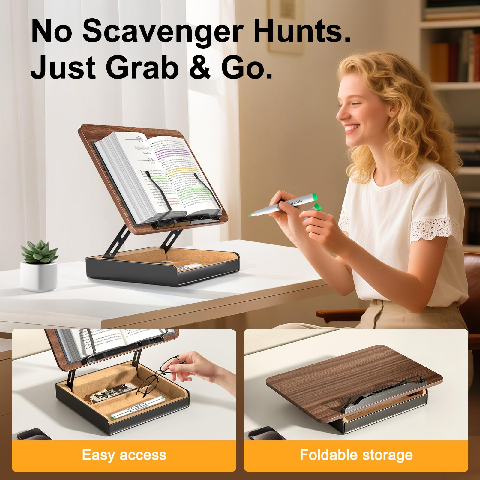 HUMANCOZY Book Stand with Storage, Book Holder for Reading Hands Free, Wooden Cookbook Stand for Kitchen Counter, Adjustable Reading Stand for Desk, Recipe Stand, Book Prop for Book Lovers