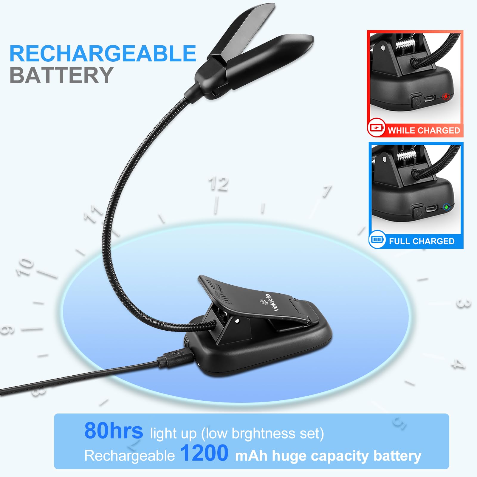 Vekkia 14 LED Rechargeable Book Light for Reading at Night, Eye-Care Reading Light for Books in Bed, 180° Adjustable, Clip on Lamp, 3 Color Temperatures, Lightweight, Present for Reader