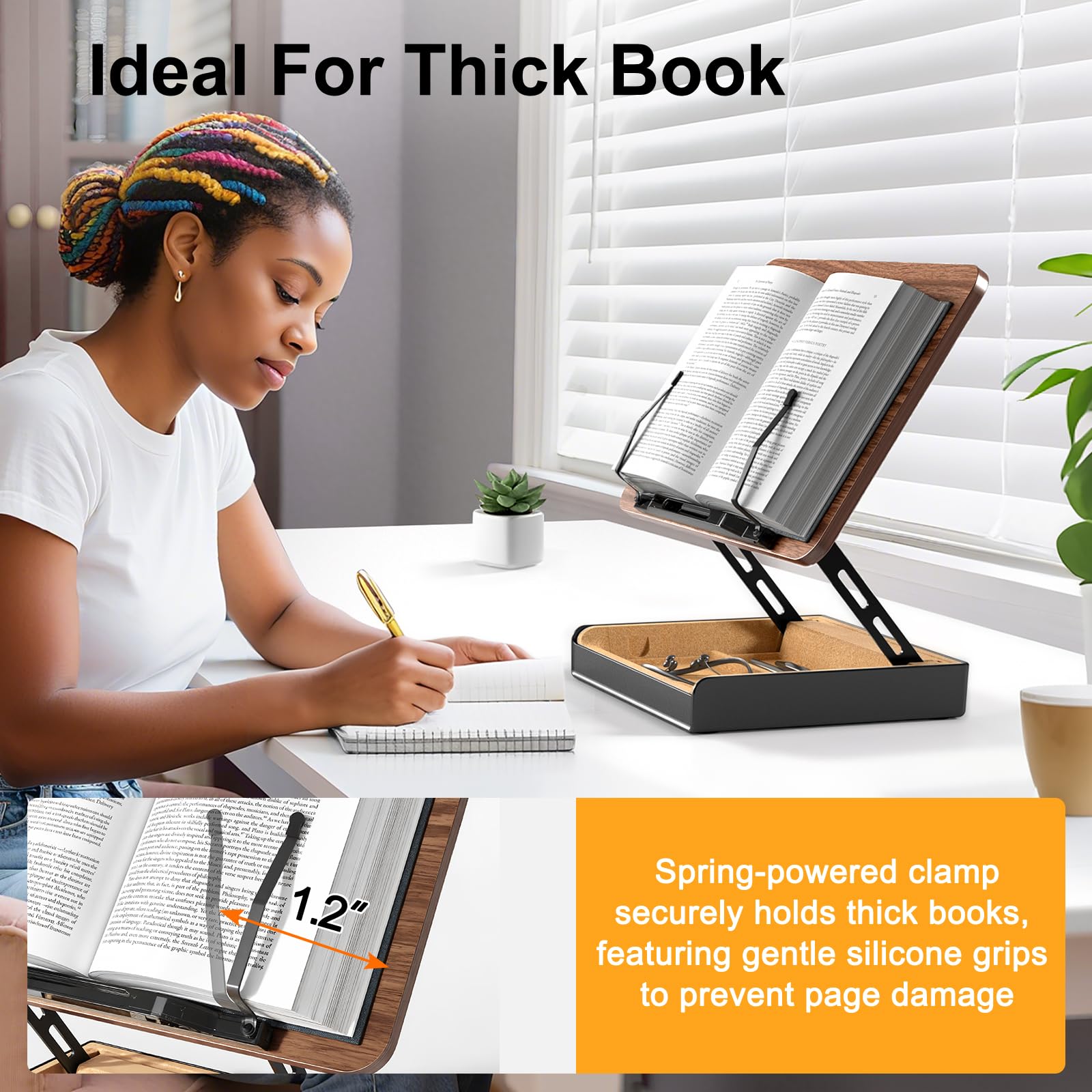 HUMANCOZY Book Stand with Storage, Book Holder for Reading Hands Free, Wooden Cookbook Stand for Kitchen Counter, Adjustable Reading Stand for Desk, Recipe Stand, Book Prop for Book Lovers