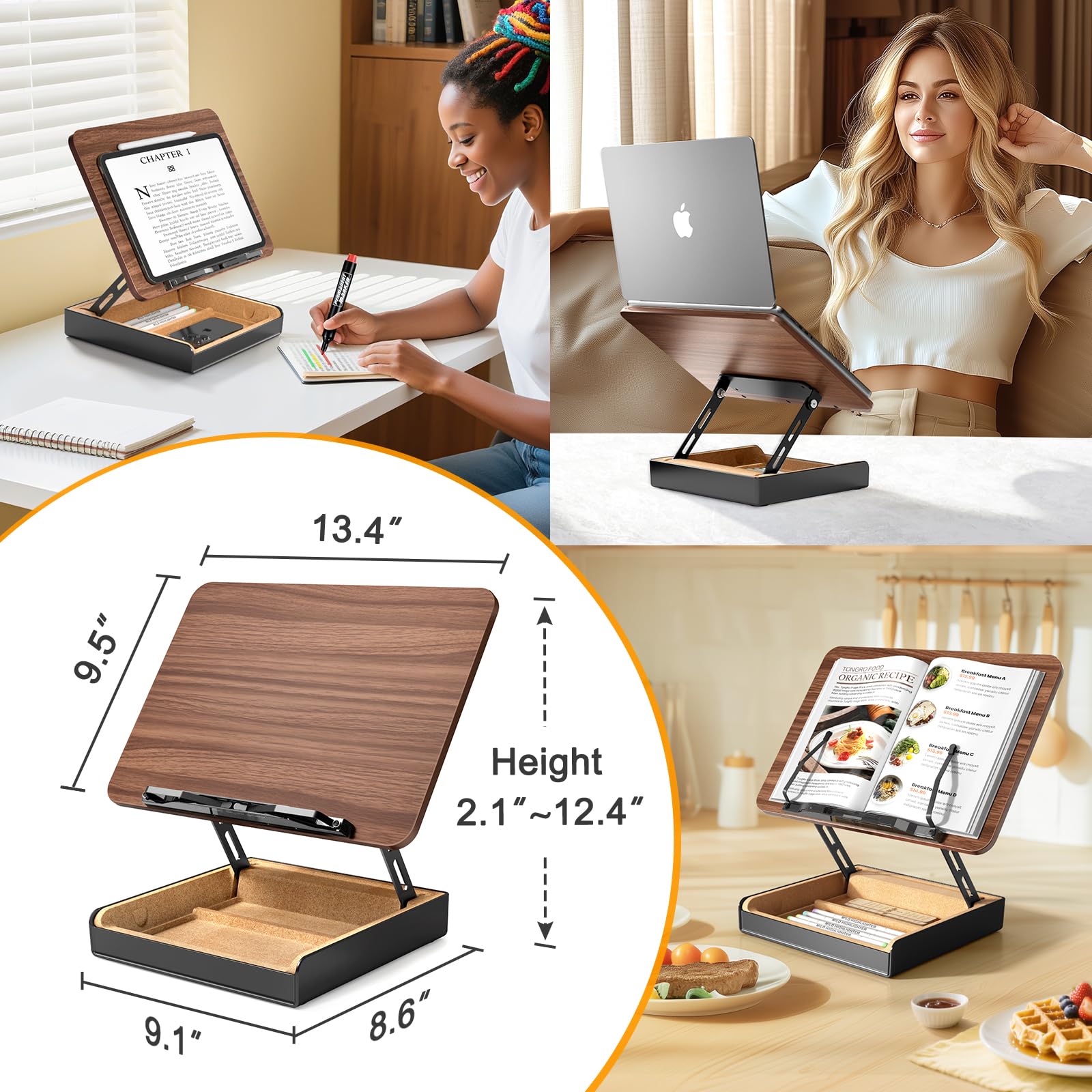 HUMANCOZY Book Stand with Storage, Book Holder for Reading Hands Free, Wooden Cookbook Stand for Kitchen Counter, Adjustable Reading Stand for Desk, Recipe Stand, Book Prop for Book Lovers