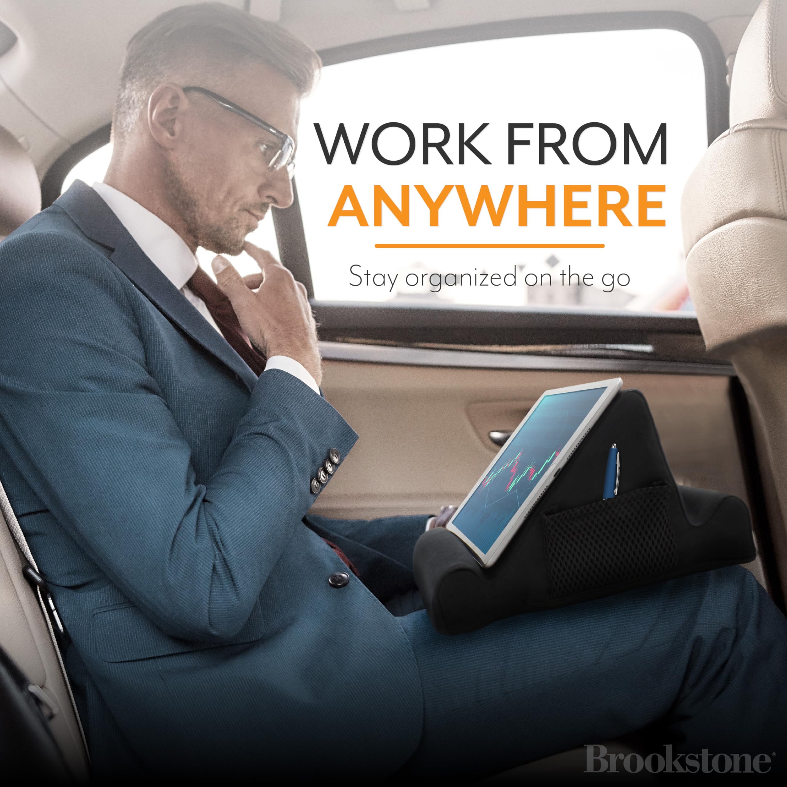 Brookstone - Memory Foam Lap Desk Tablet Holder, Holds Phones, iPads, E-Book Readers, 2 Viewing Angles, 2 Side Pockets for Accessories, Book Holder Cushion, Perfect Home, Car Travel, Flights, Black
