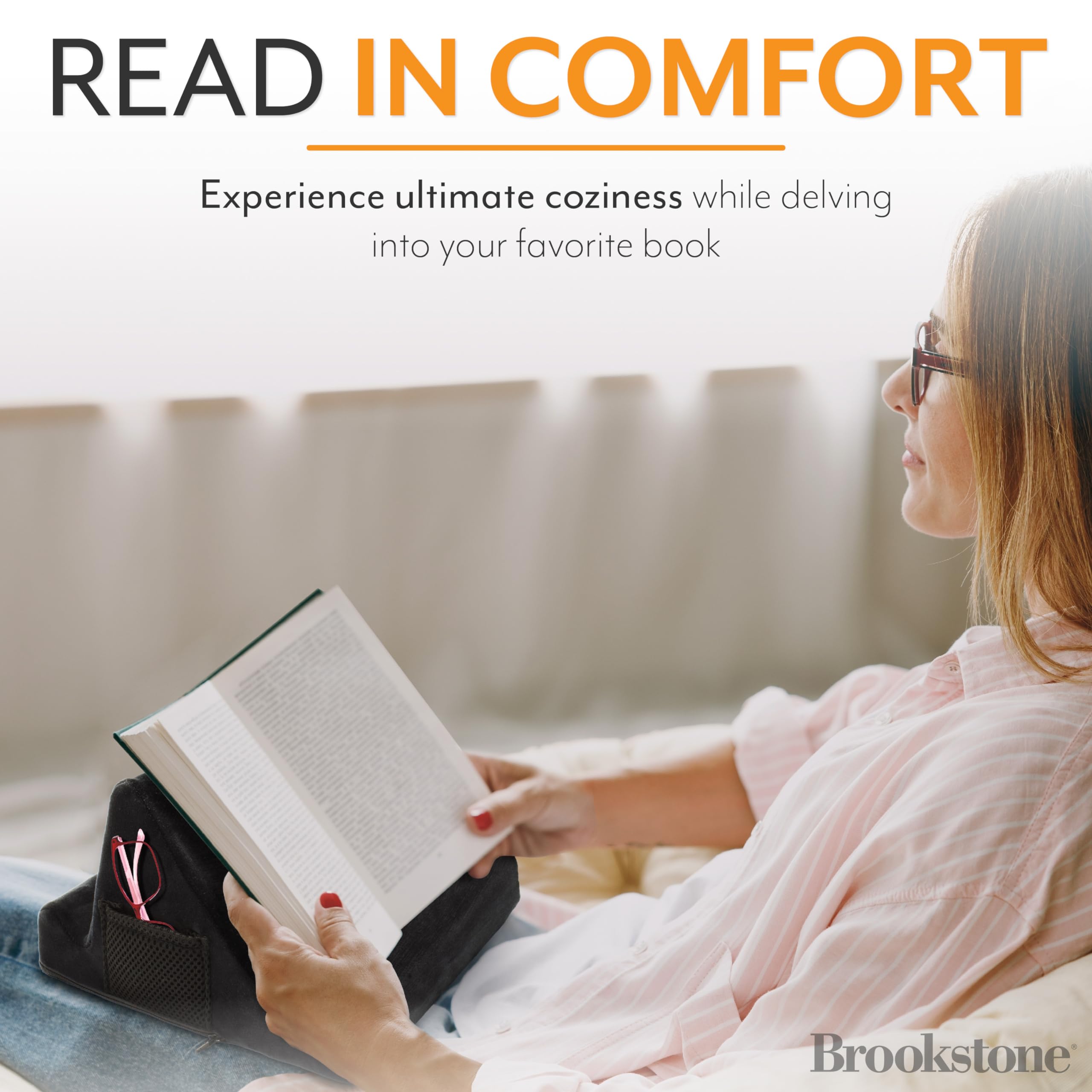 Brookstone - Memory Foam Lap Desk Tablet Holder, Holds Phones, iPads, E-Book Readers, 2 Viewing Angles, 2 Side Pockets for Accessories, Book Holder Cushion, Perfect Home, Car Travel, Flights, Black