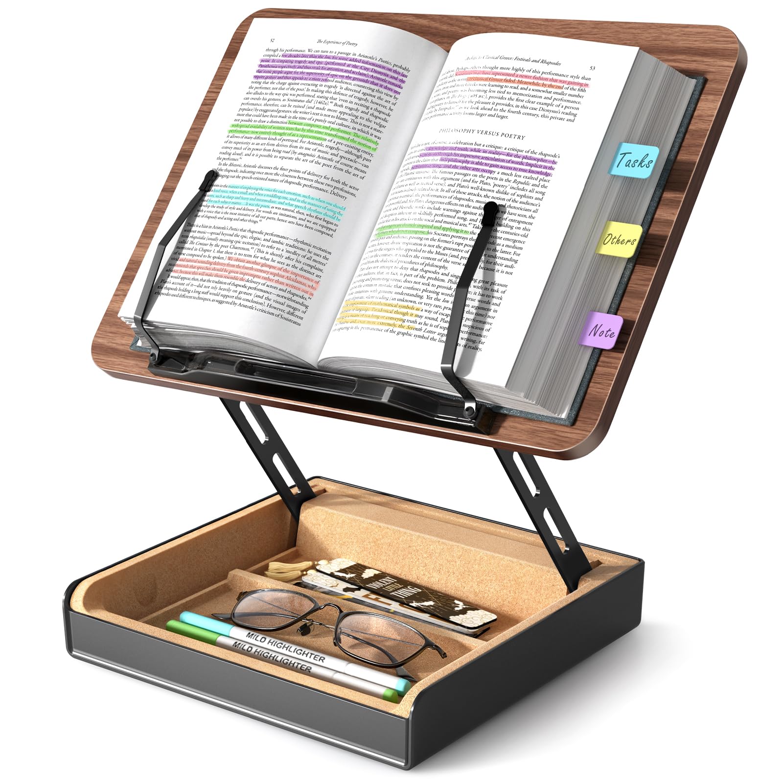 HUMANCOZY Book Stand with Storage, Book Holder for Reading Hands Free, Wooden Cookbook Stand for Kitchen Counter, Adjustable Reading Stand for Desk, Recipe Stand, Book Prop for Book Lovers