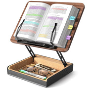 HUMANCOZY Book Stand with Storage, Book Holder for Reading Hands Free, Wooden Cookbook Stand for Kitchen Counter, Adjustable Reading Stand for Desk, Recipe Stand, Book Prop for Book Lovers