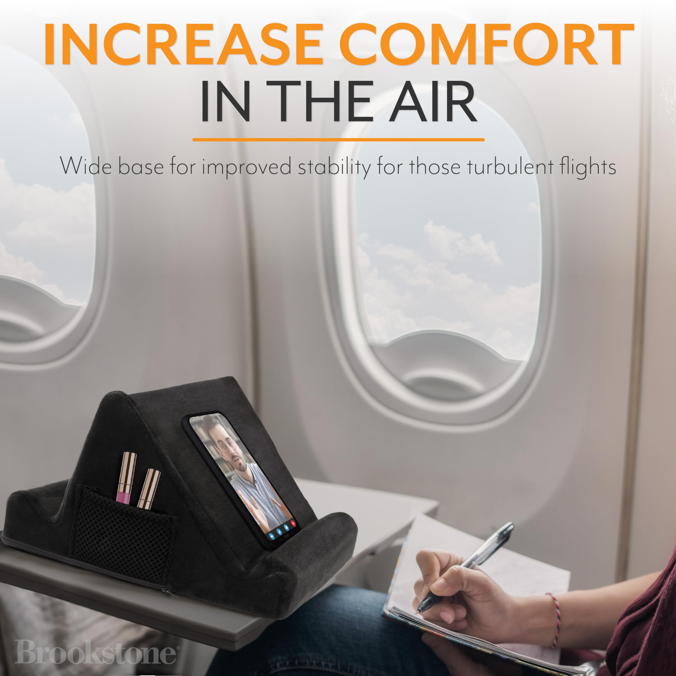 Brookstone - Memory Foam Lap Desk Tablet Holder, Holds Phones, iPads, E-Book Readers, 2 Viewing Angles, 2 Side Pockets for Accessories, Book Holder Cushion, Perfect Home, Car Travel, Flights, Black