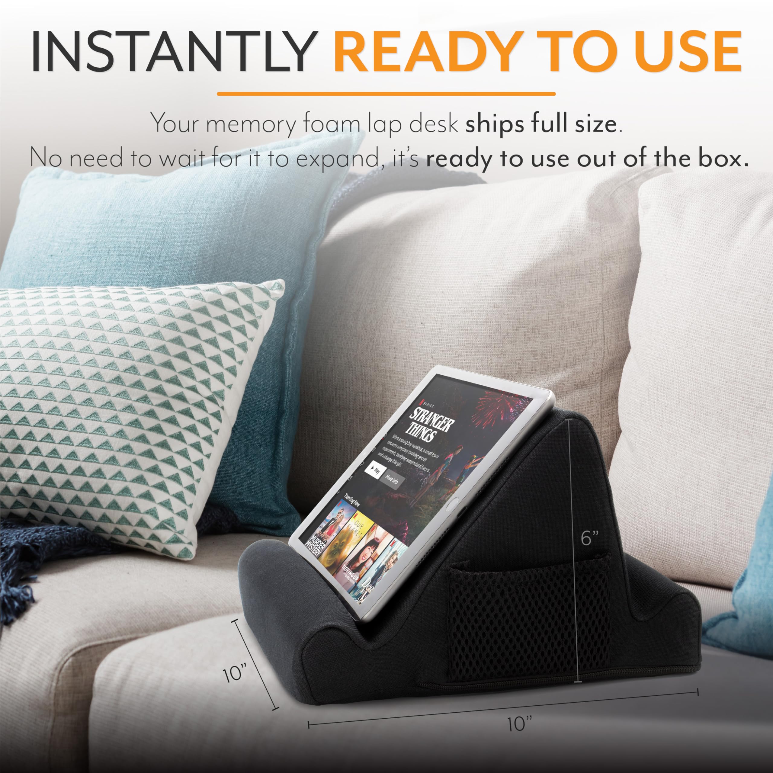 Brookstone - Memory Foam Lap Desk Tablet Holder, Holds Phones, iPads, E-Book Readers, 2 Viewing Angles, 2 Side Pockets for Accessories, Book Holder Cushion, Perfect Home, Car Travel, Flights, Black