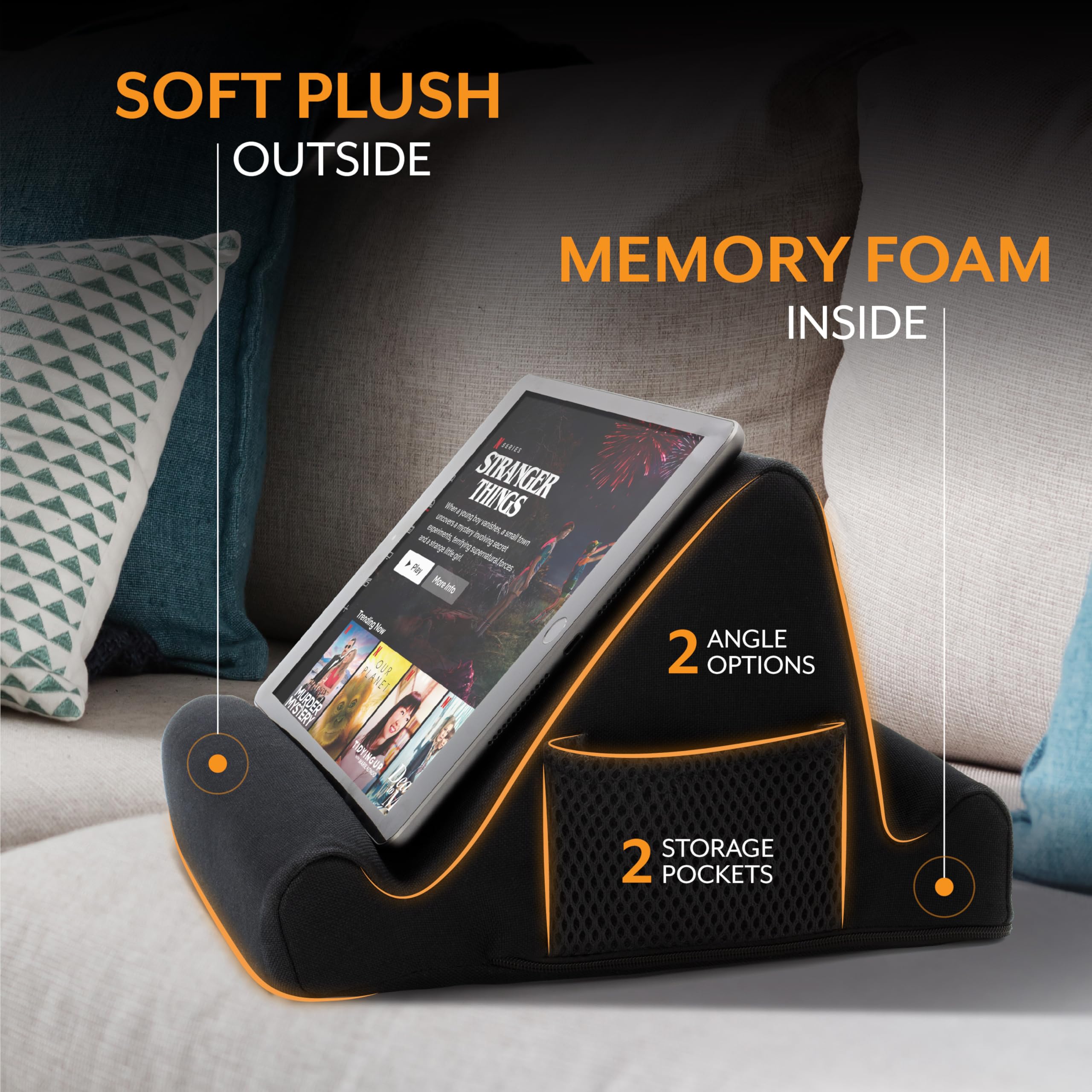 Brookstone - Memory Foam Lap Desk Tablet Holder, Holds Phones, iPads, E-Book Readers, 2 Viewing Angles, 2 Side Pockets for Accessories, Book Holder Cushion, Perfect Home, Car Travel, Flights, Black